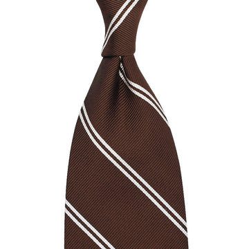 【ネクタイ】Double Bar Repp Stripe Silk Tie - Brown - Hand-Rolled