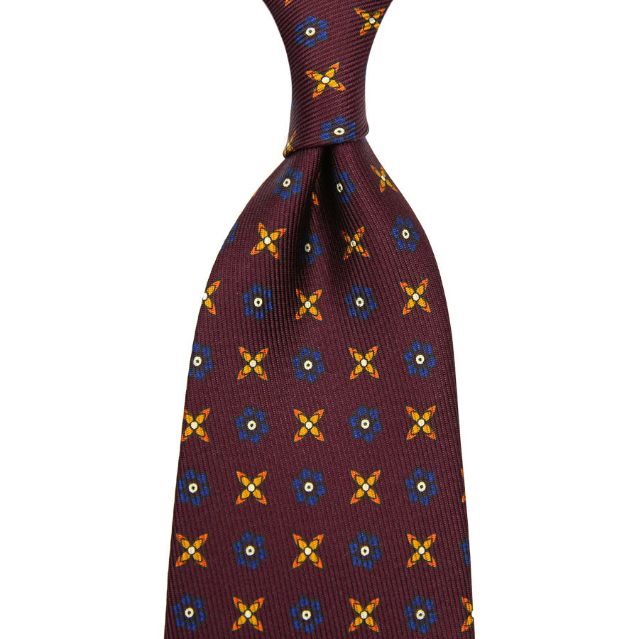 【ネクタイ】7-Fold 50oz Floral Printed Silk Tie - Burgundy
