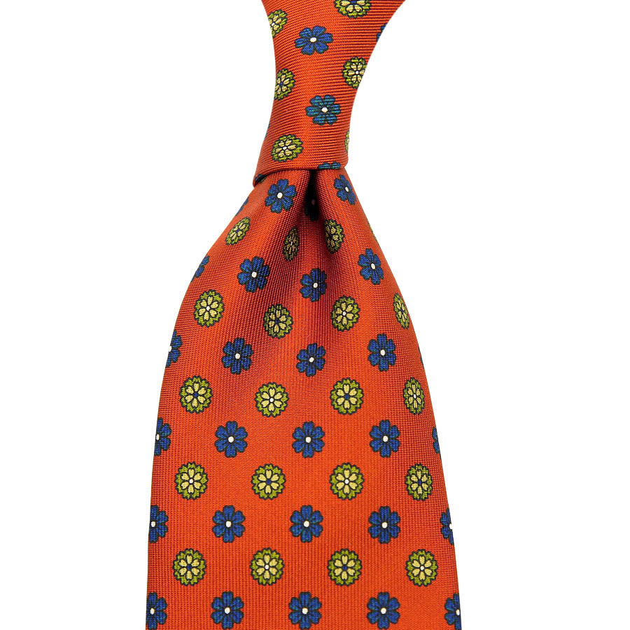 【ネクタイ】Floral Printed Silk Tie - Burnt Orange - Hand-Rolled