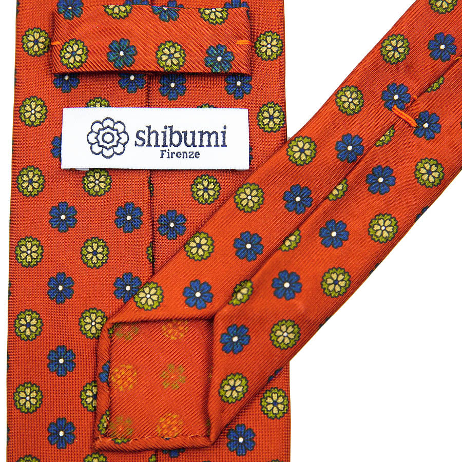 【ネクタイ】Floral Printed Silk Tie - Burnt Orange - Hand-Rolled