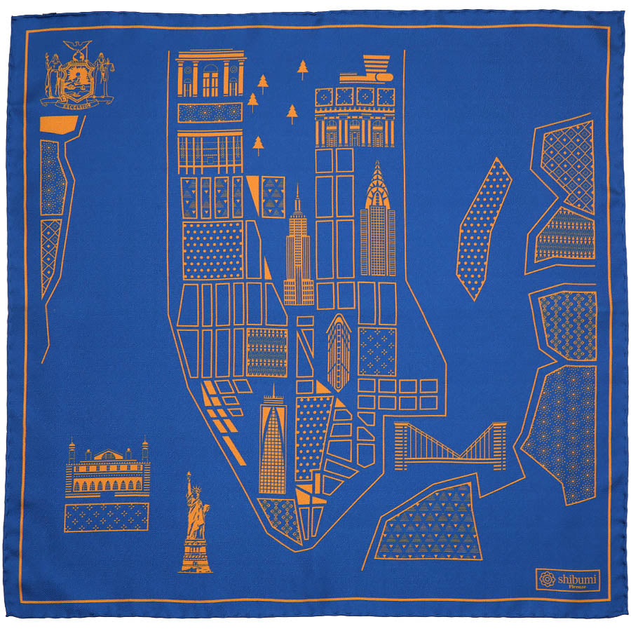 【ポケットチーフ】New York Map Silk Pocket Square - Royal - 40x40cm
