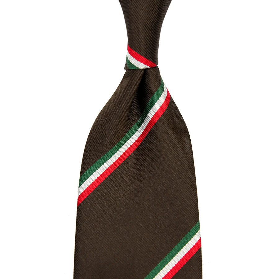 【ネクタイ】Tricolore Repp Stripe Silk Tie - Chocolate - Hand-Rolled
