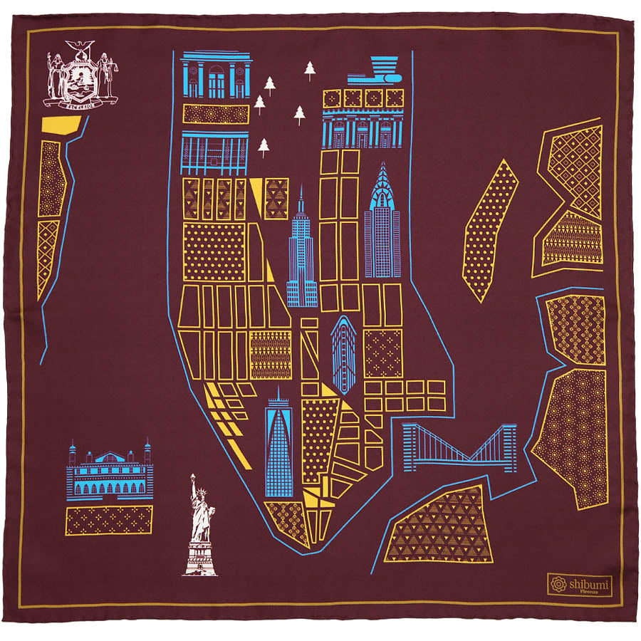 【ポケットチーフ】New York Map Silk Pocket Square - Burgundy - 40x40cm