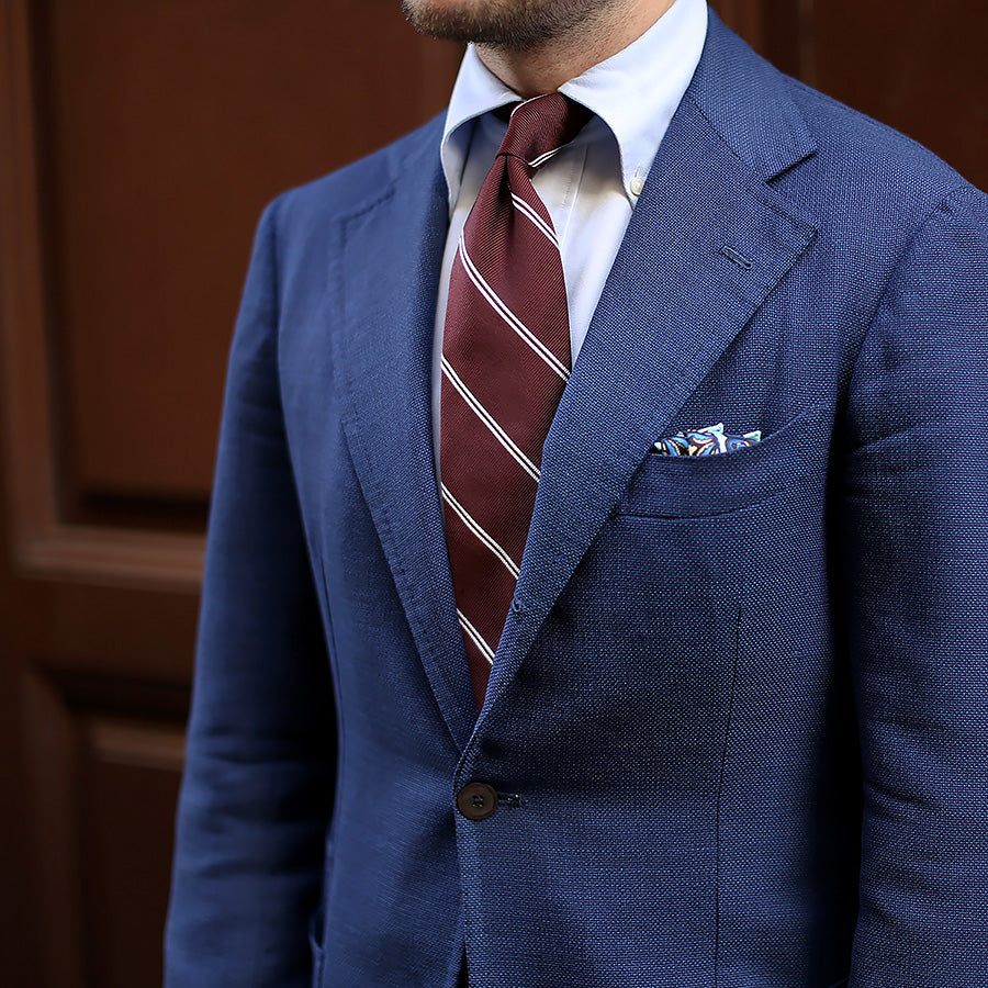【ネクタイ】Double Bar Repp Stripe Silk Tie - Burgundy - Hand-Rolled